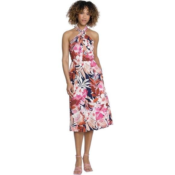 Maggy London Dresses & Skirts - Maggy London Tropical Floral Print Halter Midi Dress with Cinched Waist NWT
